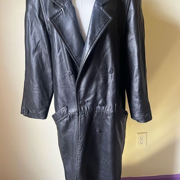 Vintage 80s 90s Black Leather Maxi Trench Coat USA Y2K Goth Matrix Grunge Sz 10 - Picture 3 of 11